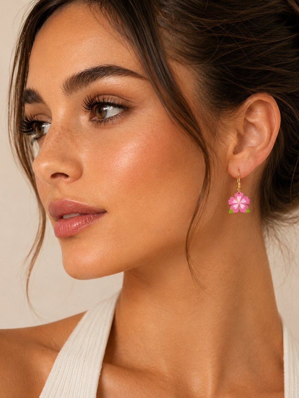 A443-A โข Pink Hibiscus Flower Drop Earrings